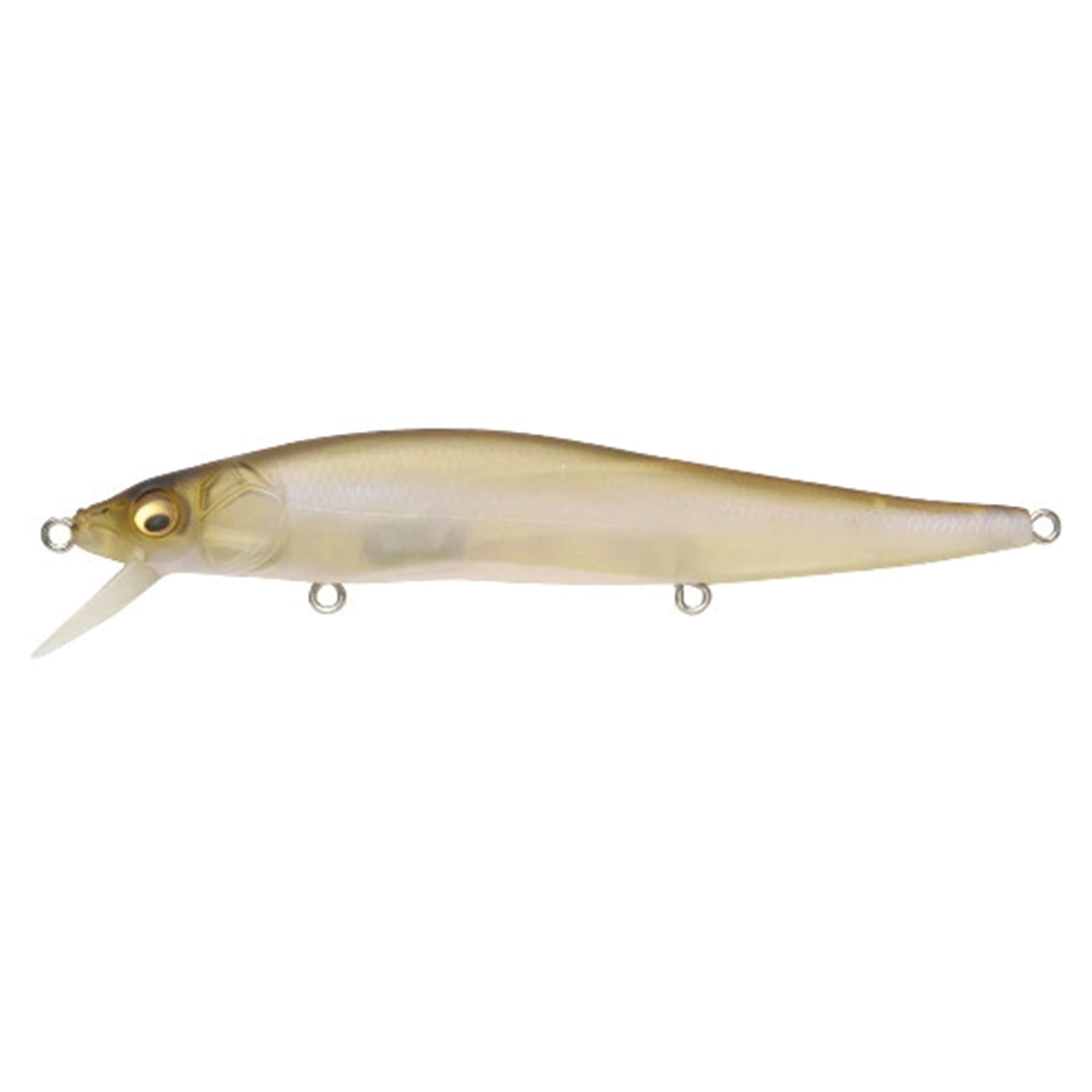 Megabass Vision 110 fishing lure in a natural translucent beige and pearl finish, designed for freshwater fishing and musky tackle with detailed eyes and a slender body.