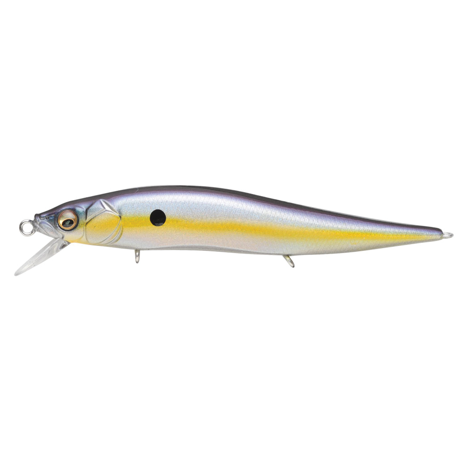 Megabass Vision 110 Jr. fishing lure with realistic fish design featuring a silver, yellow, and purple body and a small diving lip for freshwater fishing.