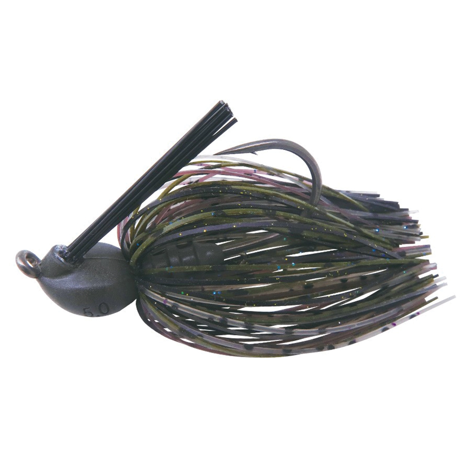 BottomUp Gap Jig fishing lure in dark green and brown with a weighted head, weed guard, and silicone skirt designed for musky fishing tackle.