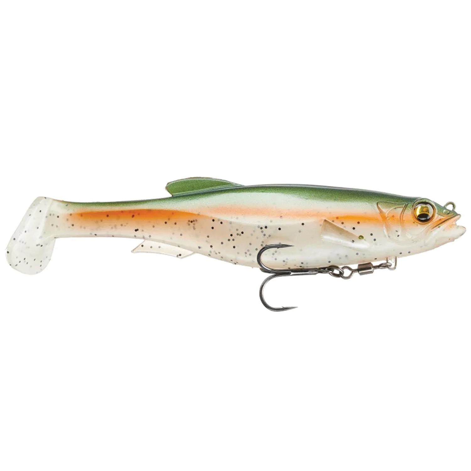 Megabass Magdraft soft plastic fishing lure designed to mimic a small baitfish, featuring green and orange hues with black speckles and a treble hook for effective fishing tackle.