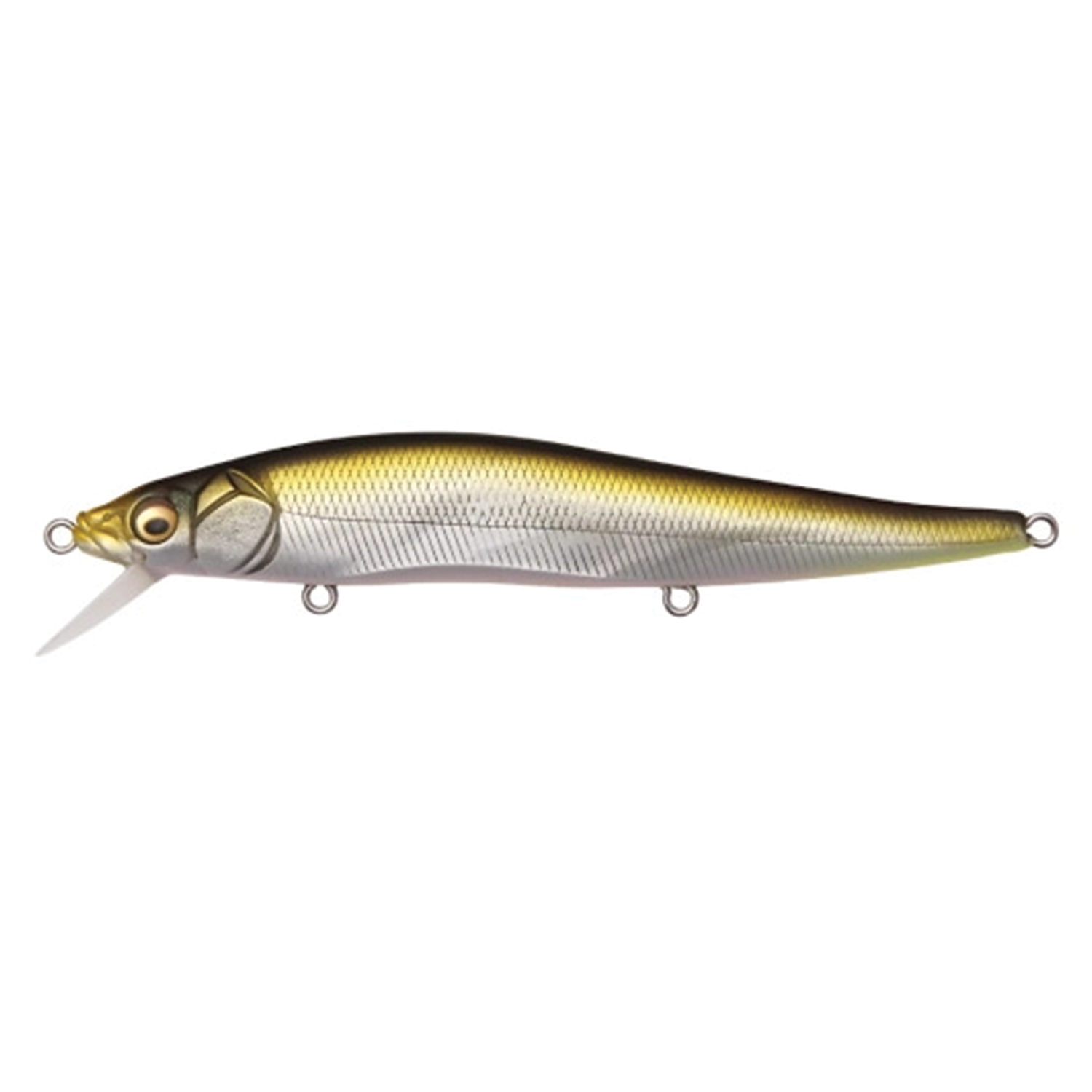 Megabass Vision 110 fishing lure featuring a streamlined body with metallic gold and silver coloring, designed for effective movement and attraction in fishing tackle.