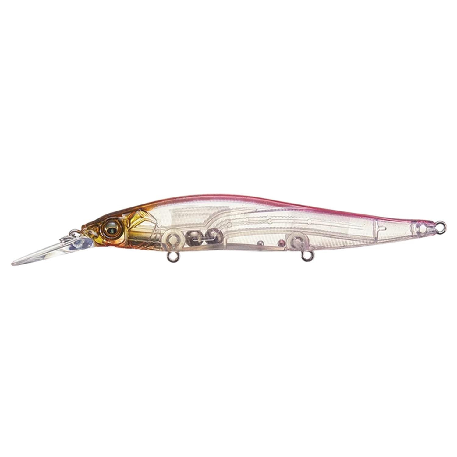 Megabass Vision 110+1 fishing lure with a transparent body, internal weighted components, and a red-to-gold gradient head designed for realistic movement in water.