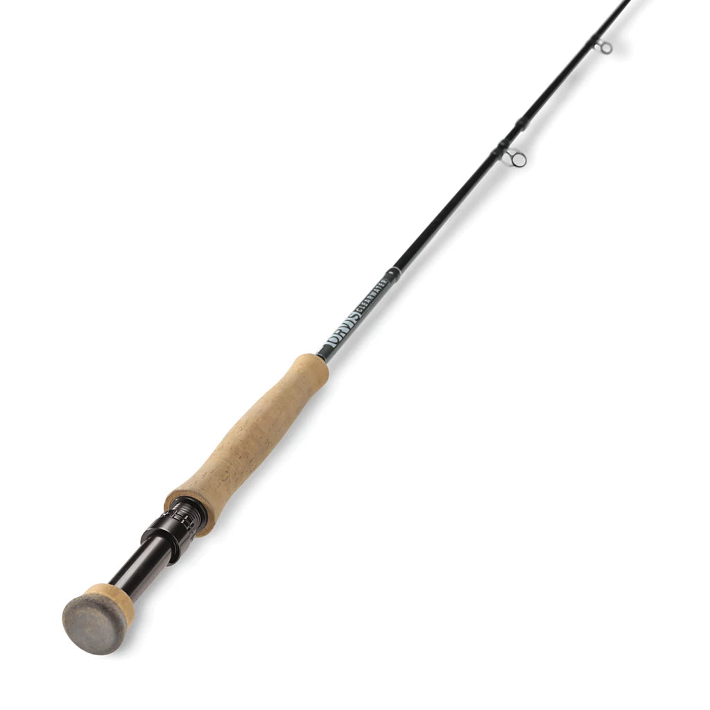 Orvis Clearwater Fly Rod with a cork handle and black rod blank, designed for fly fishing, displayed on a white background highlighting its detailed craftsmanship.