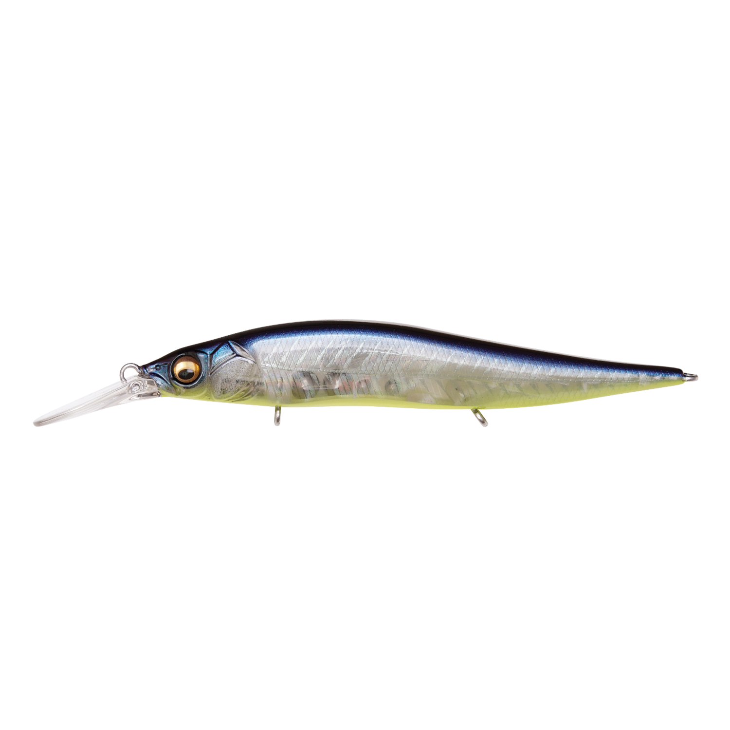 Megabass Vision 110+1 Jr. fishing lure in a sleek blue and silver design with a clear lip, realistic eye, and detailed body for effective fishing tackle use.