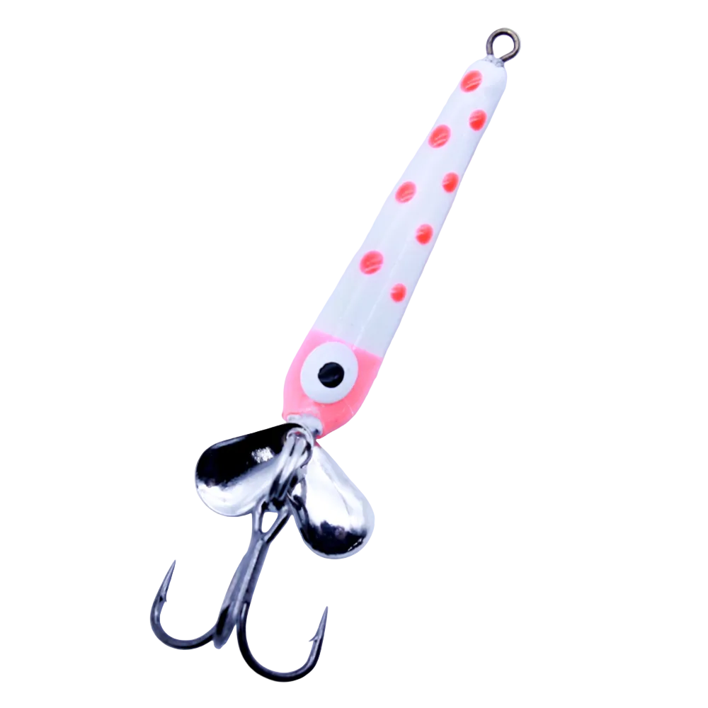 Widow Maker Slab Seeker Tungsten Spoon fishing lure with white and pink body featuring red dots, metal spinner blades, and a sharp treble hook for effective fishing tackle use.