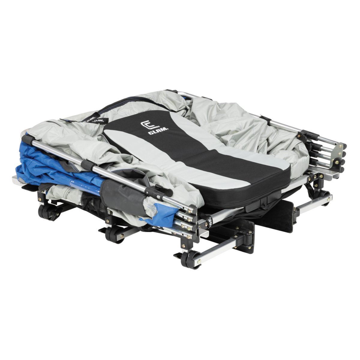 Clam PackTrap 1 folded portable ice fishing shelter with gray fabric blue trim and black padded center panel