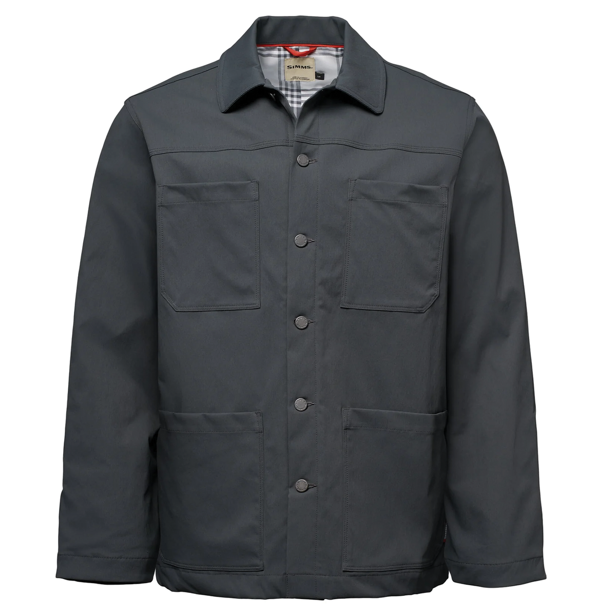 Simms Chore Coat - Men's dark charcoal jacket with button front pointed collar long sleeves and four patch pockets on a white background