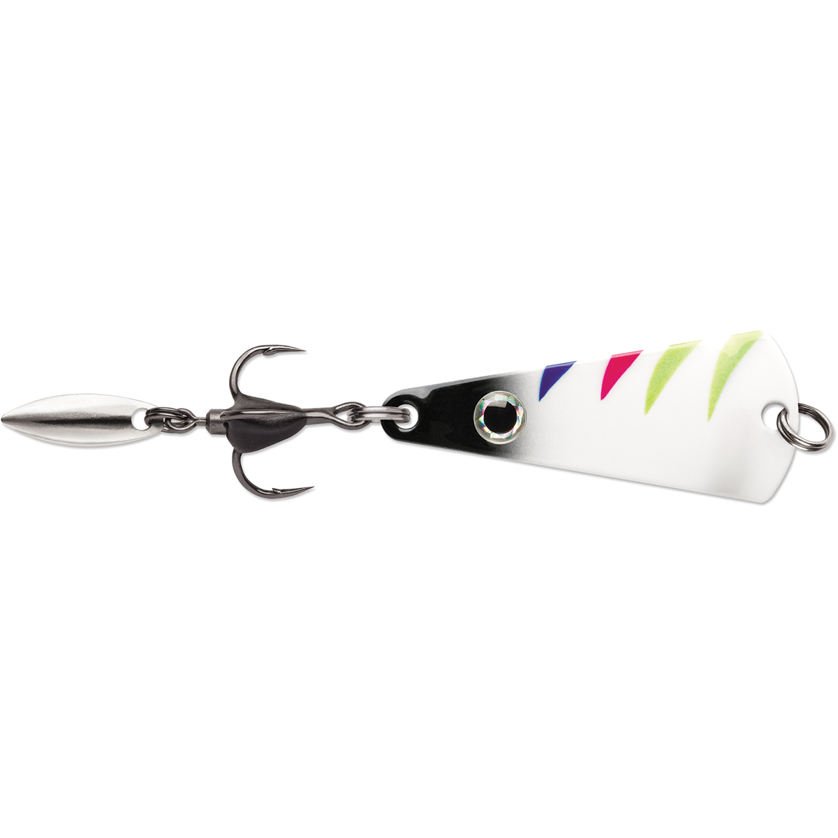 VMC Bladed Tingler Spoon white fishing lure with colorful stripes treble hook and silver blade for musky fishing tackle