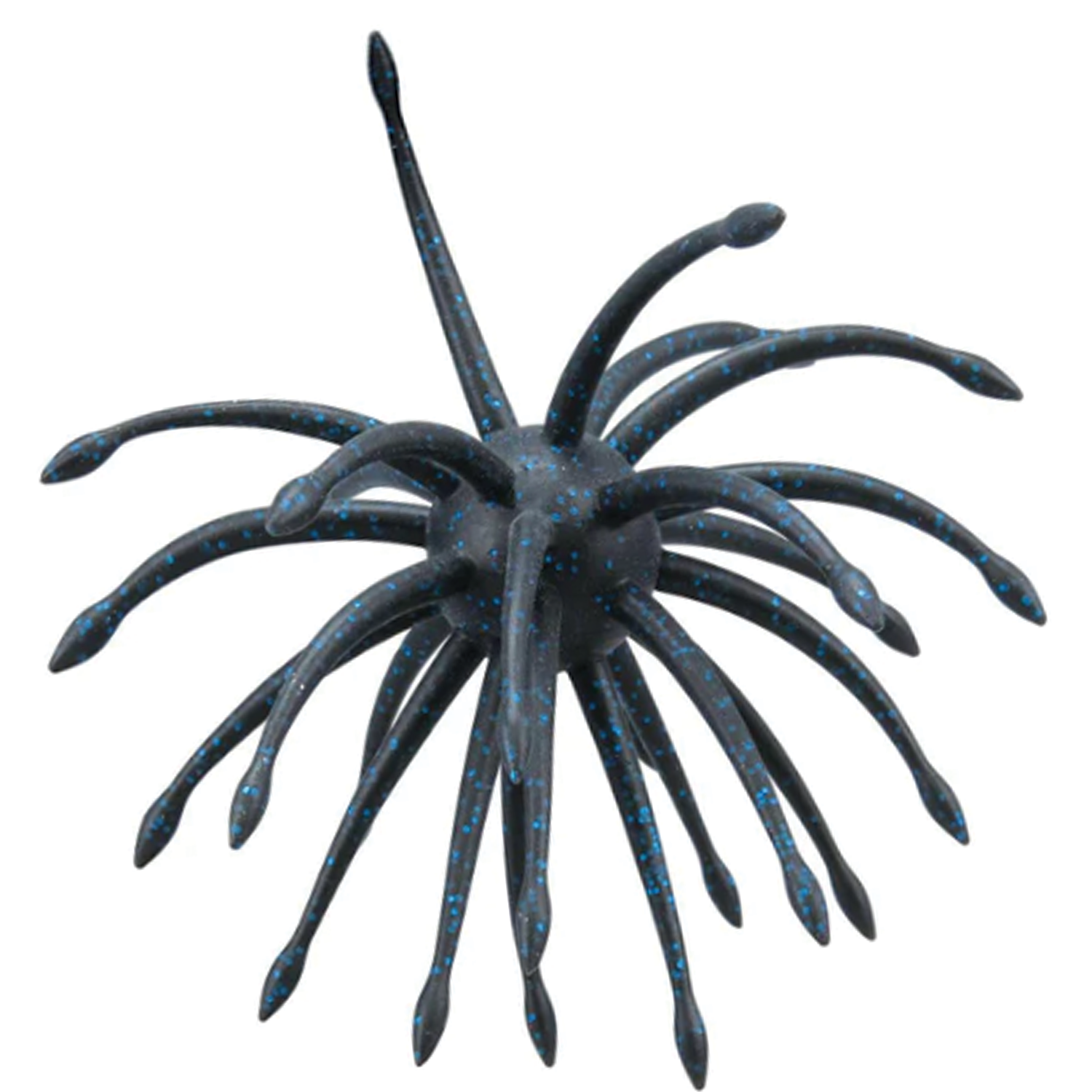 Yamamoto Uni Mas soft plastic fishing lure with multiple flexible black tentacles accented by blue speckles designed to attract musky and other freshwater fish.