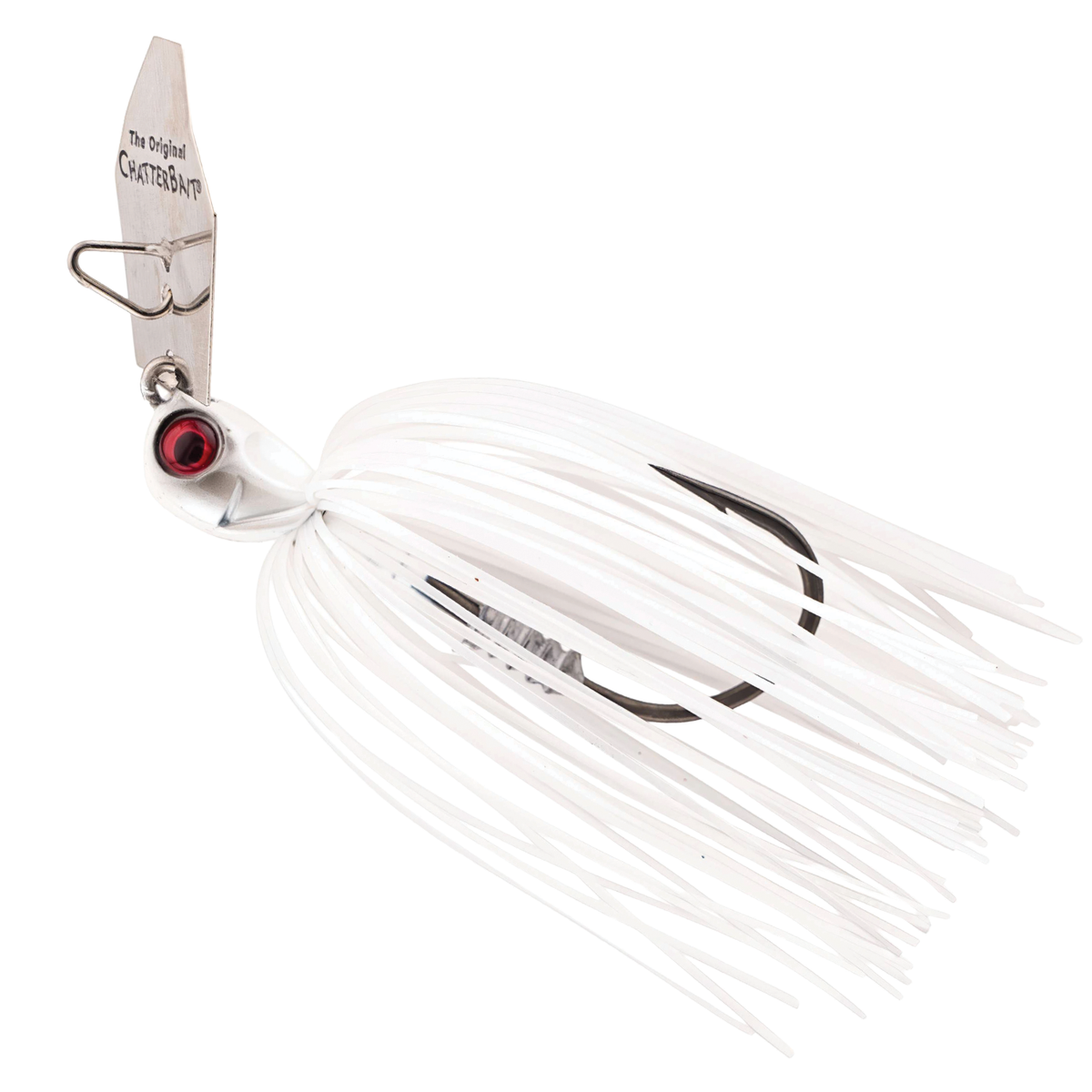 Z-Man Chatterbait Elite Evo HD fishing lure with white silicone skirt, sharp hook, and metal blade designed for effective fishing tackle performance.