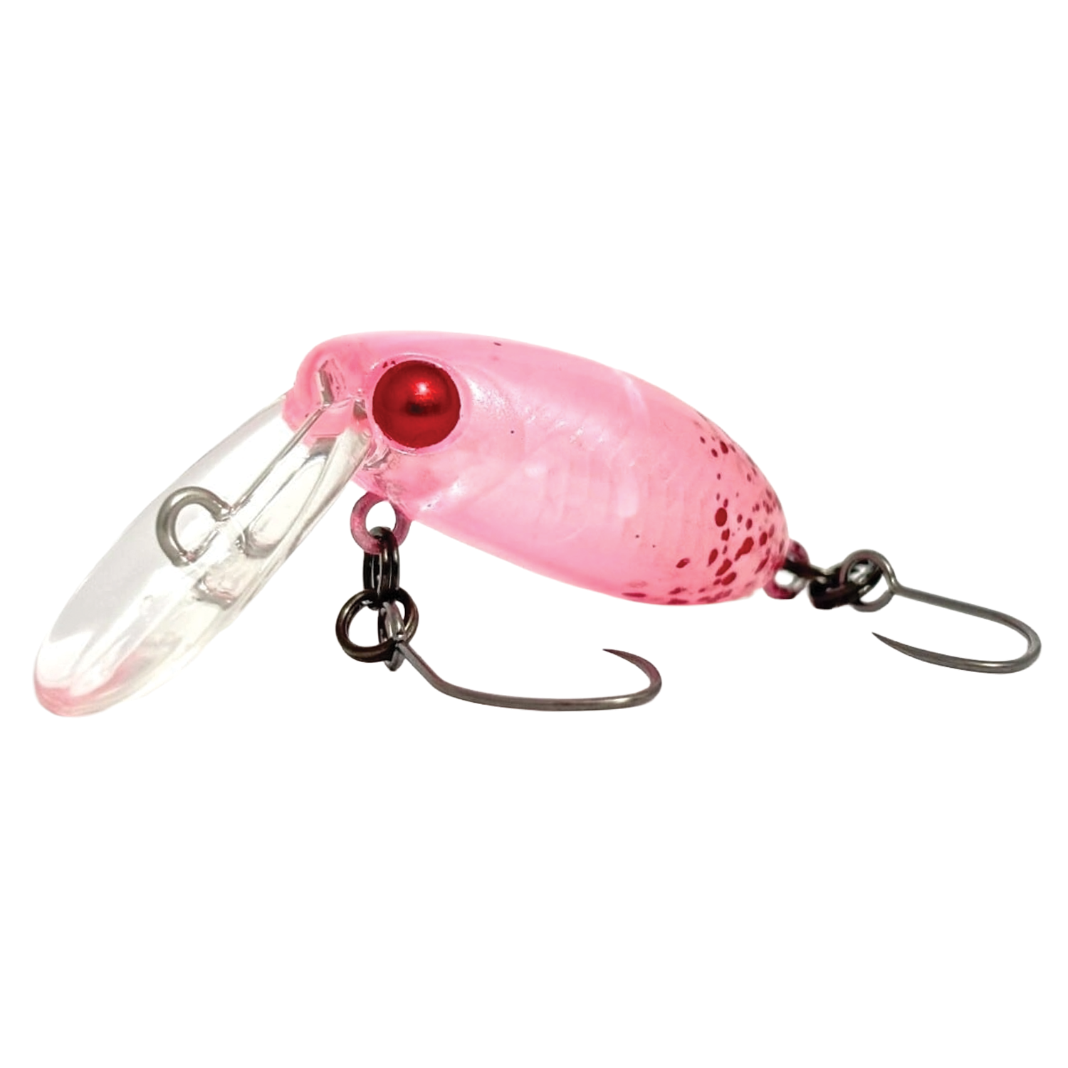 HMKL Inch Crank TR fishing lure in pink with red eyes, featuring a clear plastic lip and two sharp metal hooks designed for effective fishing tackle use.