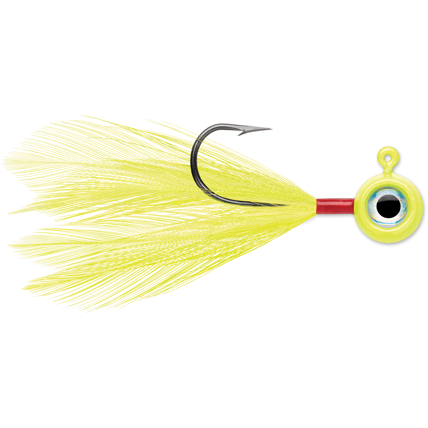 VMC Moon Fly Jig featuring a bright yellow feathered tail, sharp single hook, and a round yellow head with a detailed eye, designed for fishing tackle use.