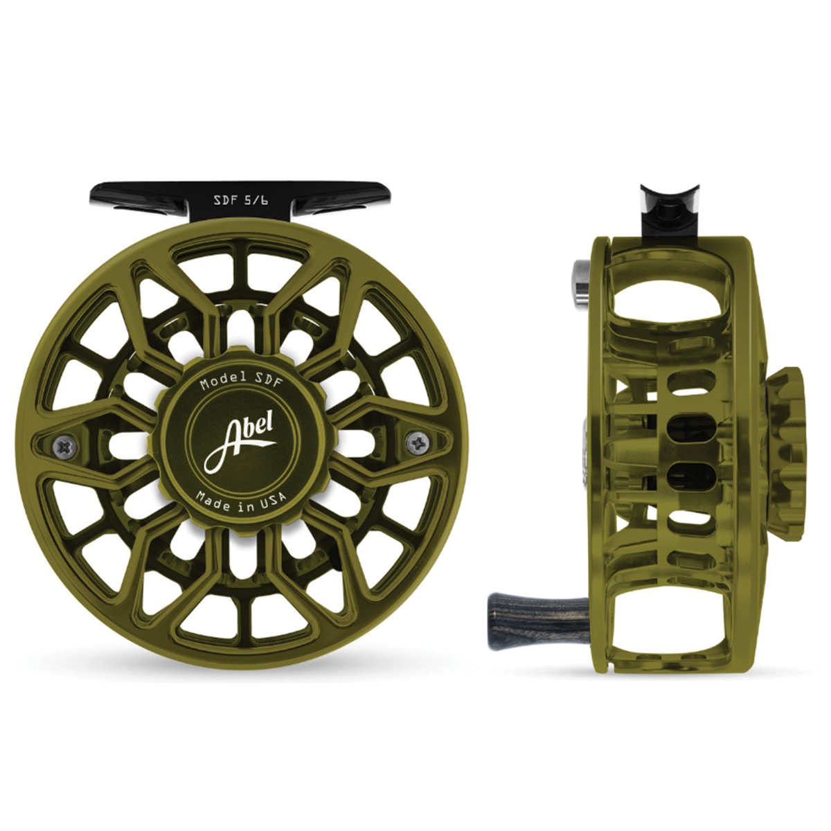 Abel SDF Ported Reel in olive green shown from front and side with an open ported spool and black handle for fly fishing tackle