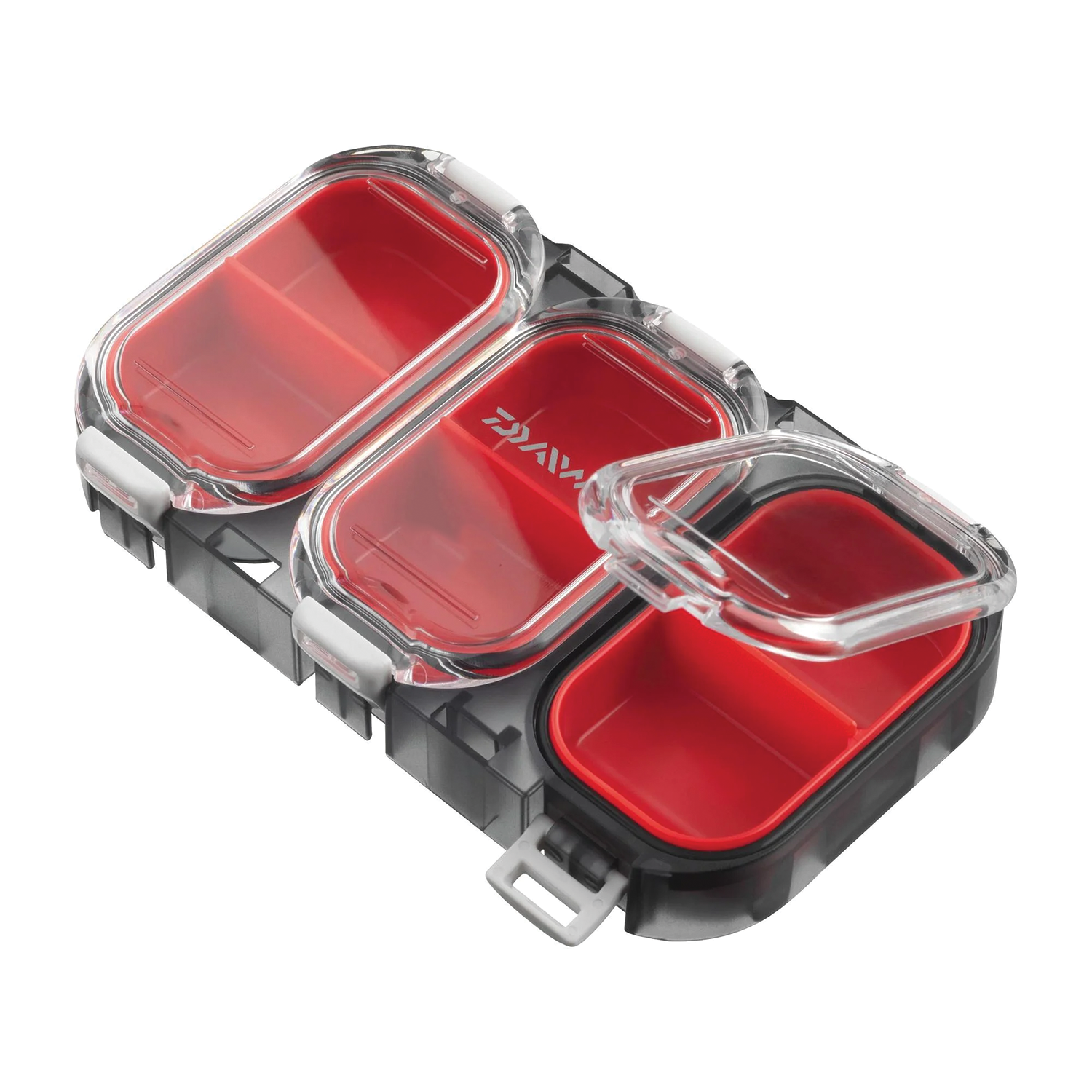Daiwa Waterproof Utility Boxes shown open, featuring three red compartments with clear hinged lids and a durable black base, designed for organized fishing tackle storage.