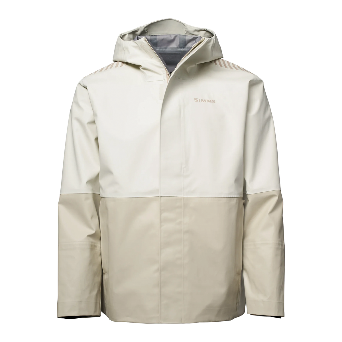 Simms Rip Line Pro Jacket - Men's shown as a light beige hooded fishing jacket with long sleeves and a full front closure