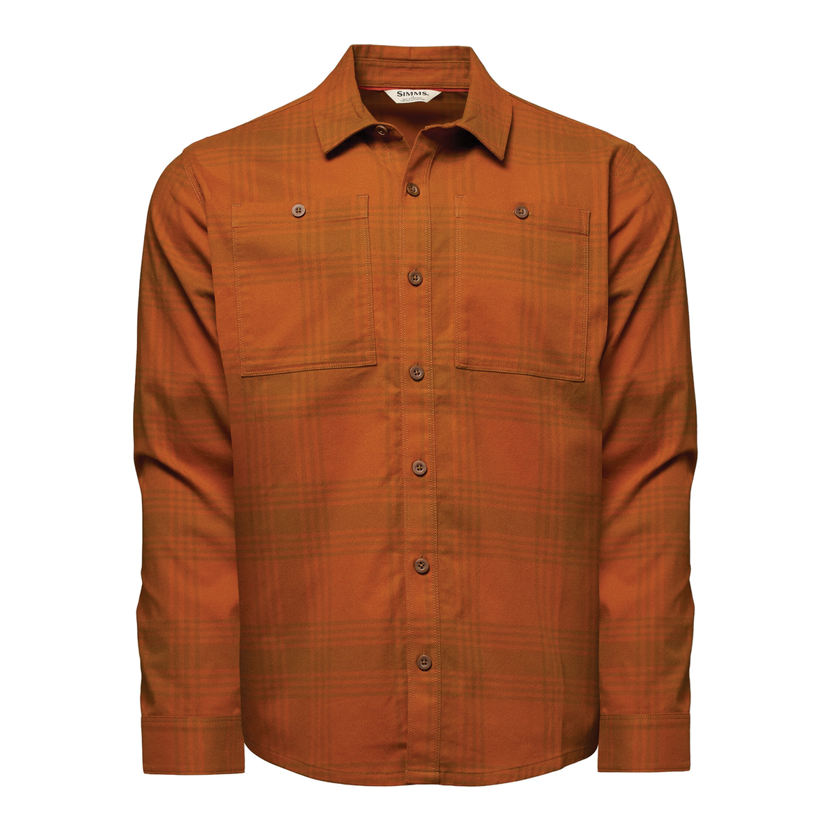 Simms Tailout Flannel - Men's orange plaid long sleeve shirt with button front and two chest pockets shown on a white background
