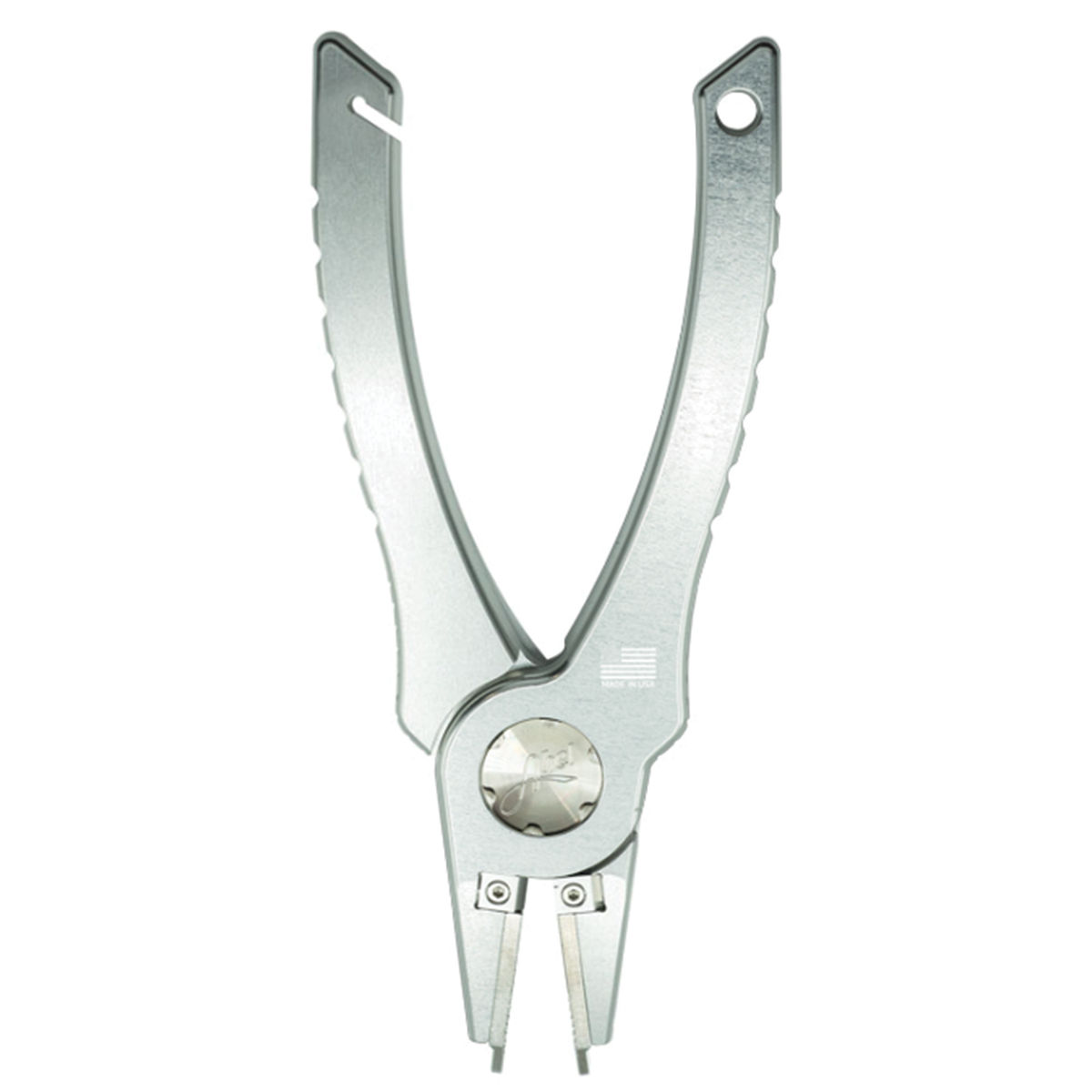 Abel Pliers silver fishing pliers with curved handles serrated grips and narrow jaws for handling hooks and fishing tackle