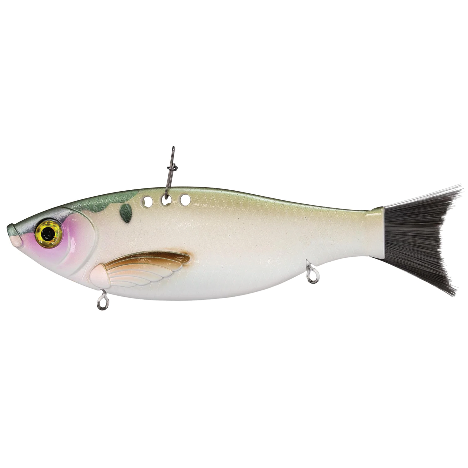 Bill Lewis Big Gizz fishing lure designed to resemble a small baitfish with realistic eyes, detailed fins, and a lifelike gradient color pattern for effective musky fishing.