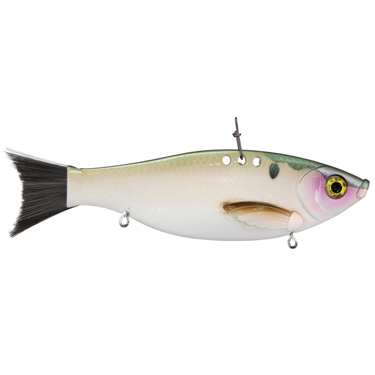 Bill Lewis Big Gizz fishing lure designed to resemble a small baitfish with realistic eyes, detailed fins, and a lifelike gradient color pattern for effective musky fishing.