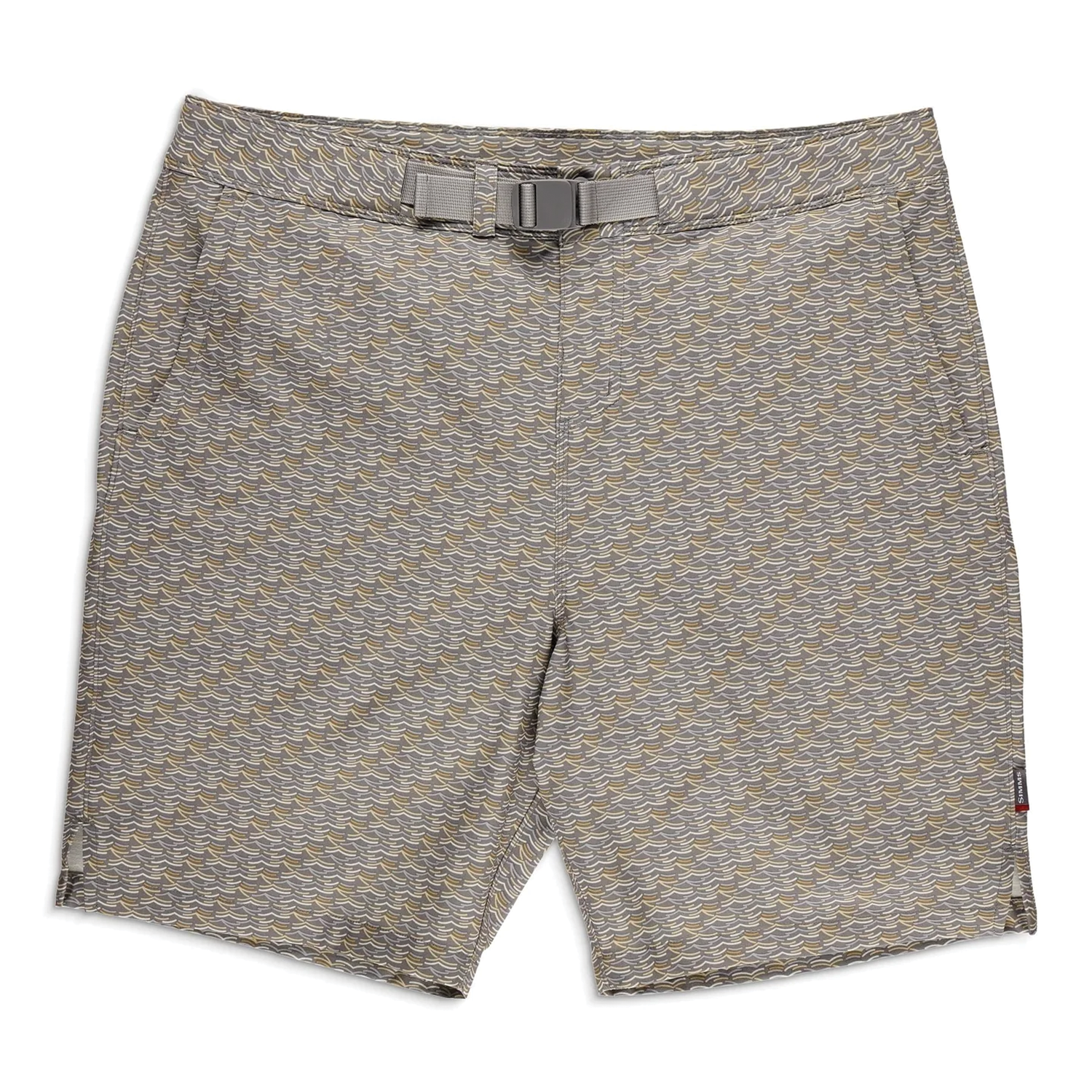 Simms Seamount Shorts - Men's in light gray with a subtle patterned design, featuring an adjustable buckle belt and side pockets, suitable for fishing and outdoor activities.