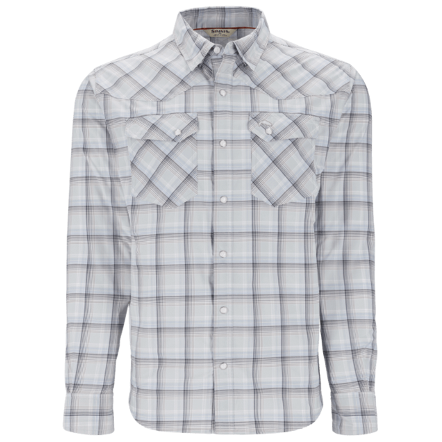 Simms Brackett LS Shirt - Men's, long-sleeve button-up shirt with light gray and blue plaid pattern, featuring two chest pockets with button closures and a classic collar.