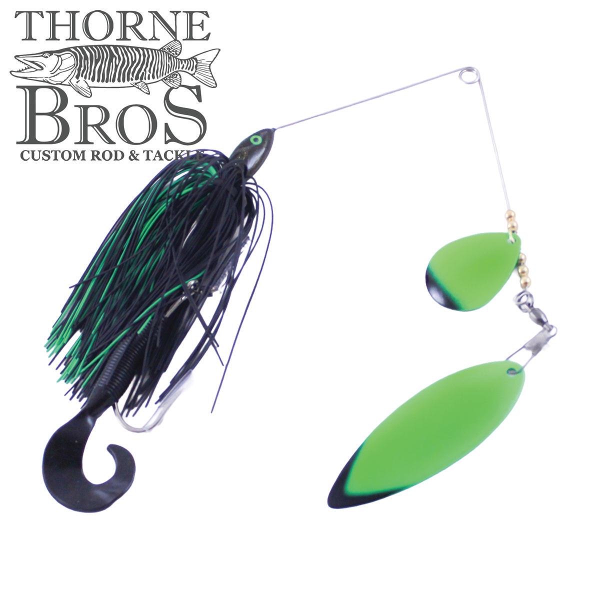 Ace Baits Big Ace Spinnerbait black and green musky fishing lure with twin green blades and curly tail for freshwater fishing tackle