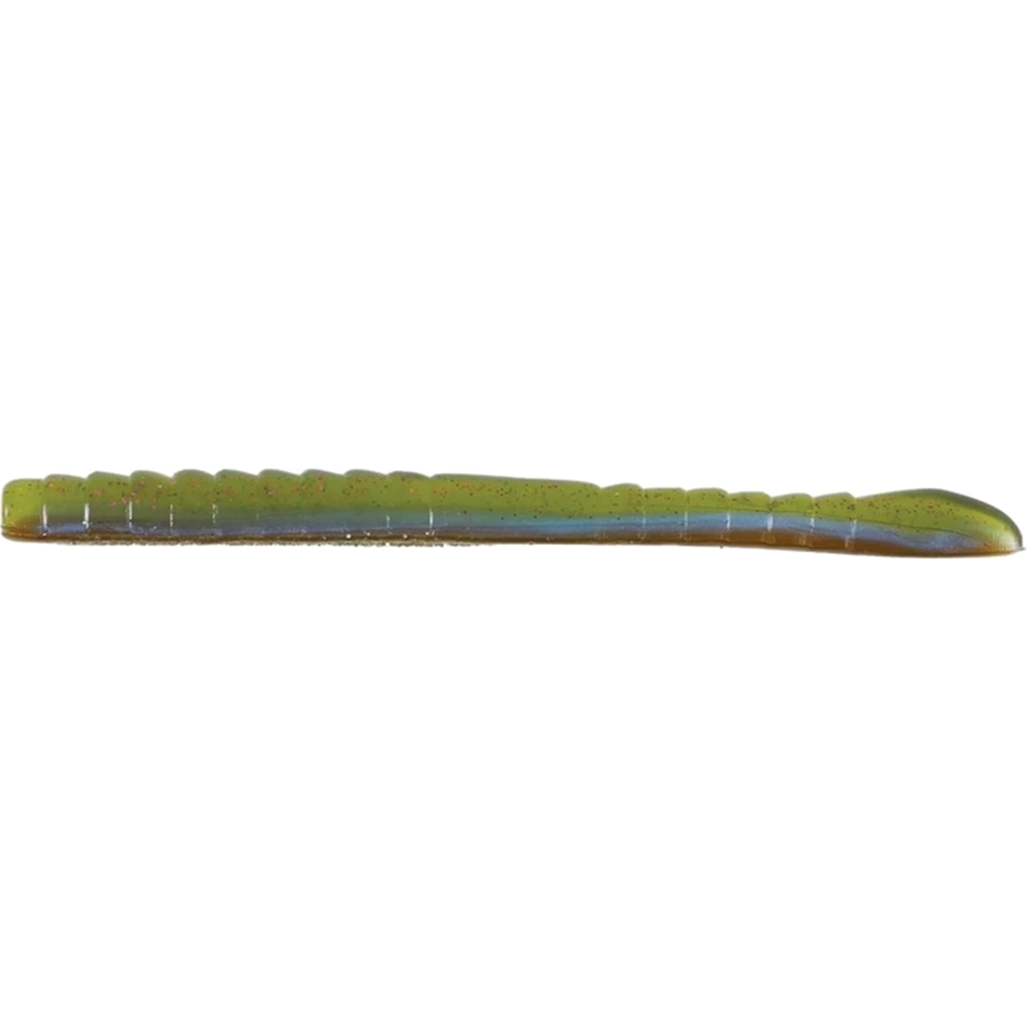 Missile Baits & Roboworm 4" Mini Magic Worm fishing lure in green and brown shades with segmented body designed for realistic movement in water.