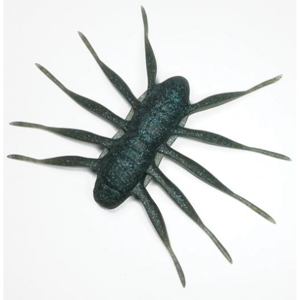 Baum Bofu MAX fishing lure designed to mimic a dark-colored aquatic insect with multiple long, flexible legs for attracting muskies and freshwater fish.