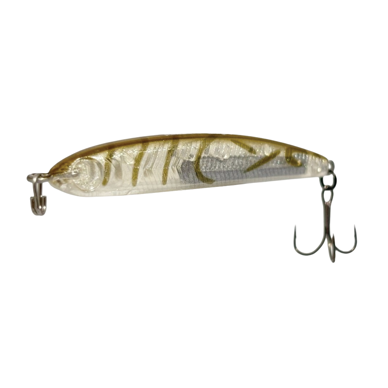 Fishing lure with a white and gold pattern on a white background
