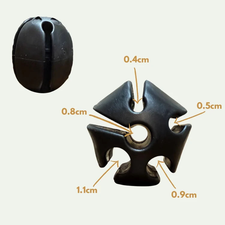 Trxstle Flex-Lock Silicone Rod Keeper shown as a black silicone fishing rod holder with locking openings and labeled measurements