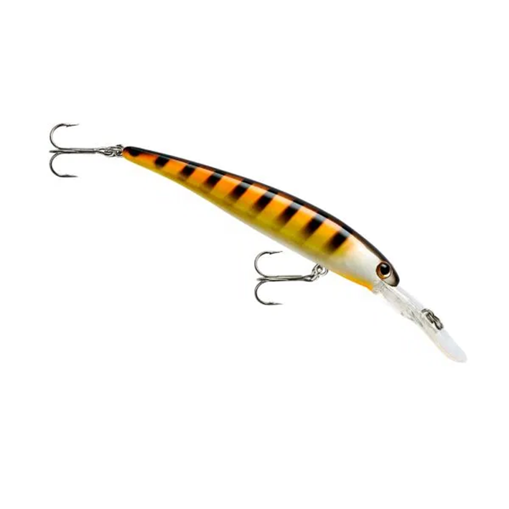 Bandit B-Shad fishing lure in orange and yellow with black stripes, featuring a clear diving lip and two treble hooks for effective freshwater fishing.