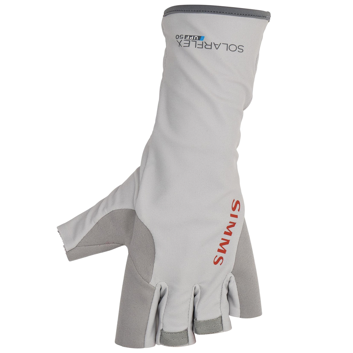 Simms SolarFlex Guide Glove in light gray with partial finger coverage, designed for fishing tackle use, featuring durable fabric and grip areas for enhanced rod handling.