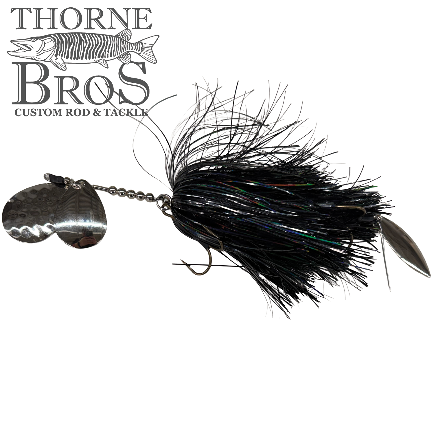 Hunsy Tails 7/8 XL Banger fishing lure with black and iridescent skirt, metal spinner blades, and treble hook designed for musky fishing.