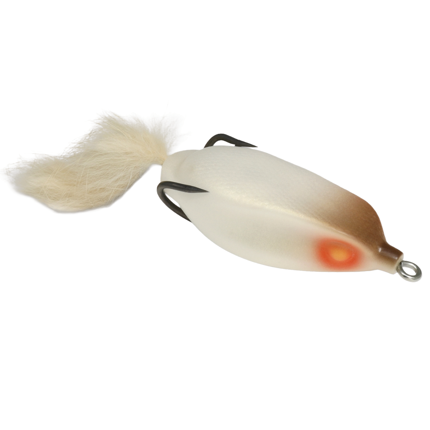 Deps Slither K Hollow Body Frog fishing lure in white with brown accents, featuring a soft hollow body, detailed eyes, dual curved hooks, and a fluffy tail for realistic water movement.