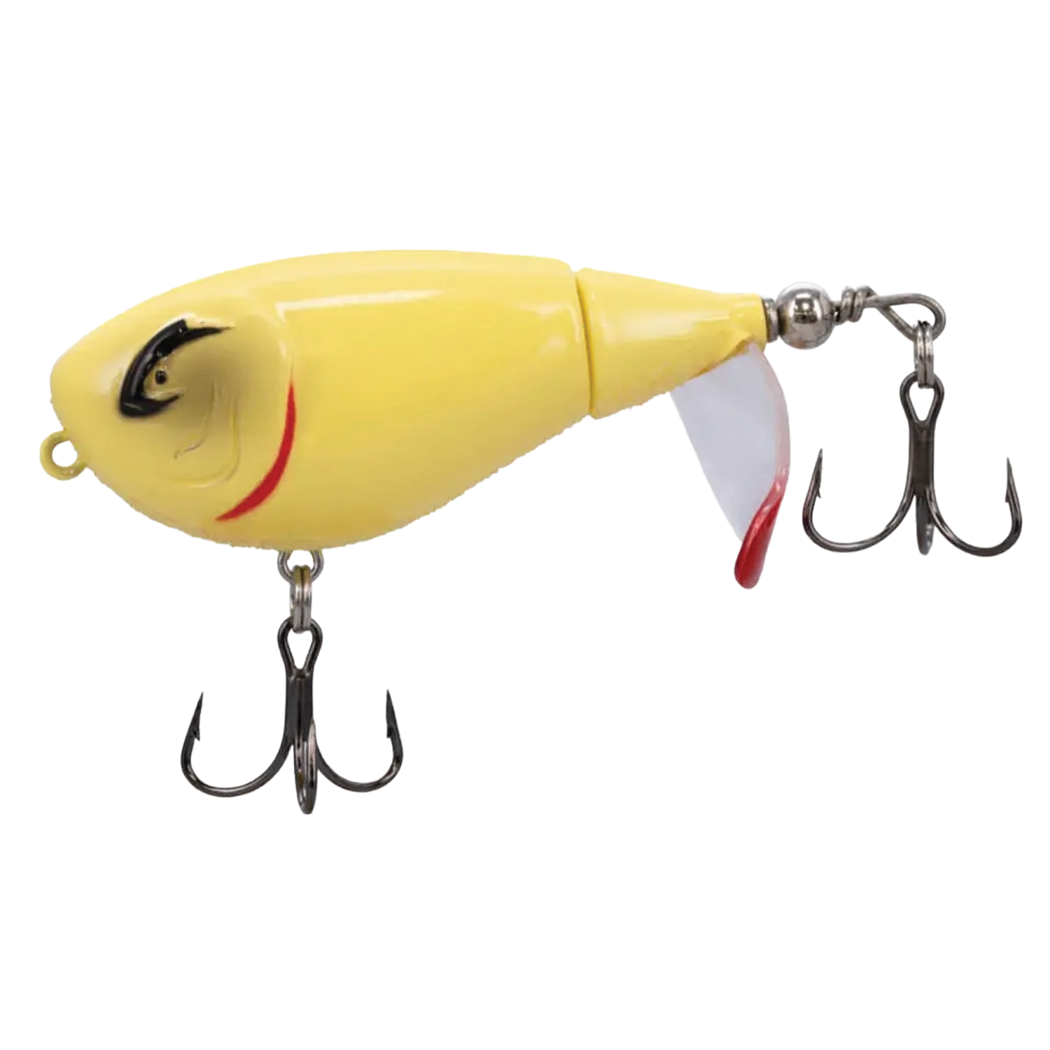 Yellow fishing lure featuring two sharp treble hooks and a clear, angled diving lip, designed for effective freshwater fishing with the Bill Lewis Baby Bubbler 55.