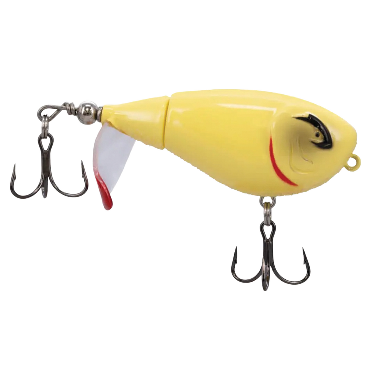 Yellow fishing lure featuring two sharp treble hooks and a clear, angled diving lip, designed for effective freshwater fishing with the Bill Lewis Baby Bubbler 55.