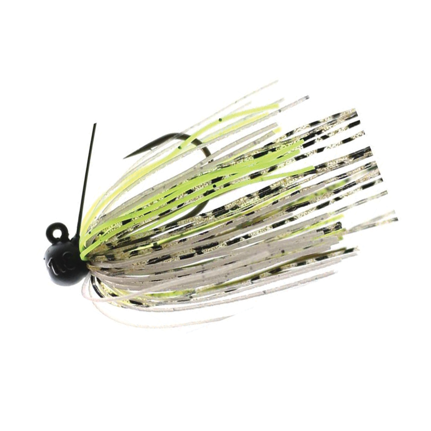 Issei Bibibi Shot fishing lure with black weighted head and multi-colored skirt in shades of chartreuse, white, and black for musky fishing tackle.