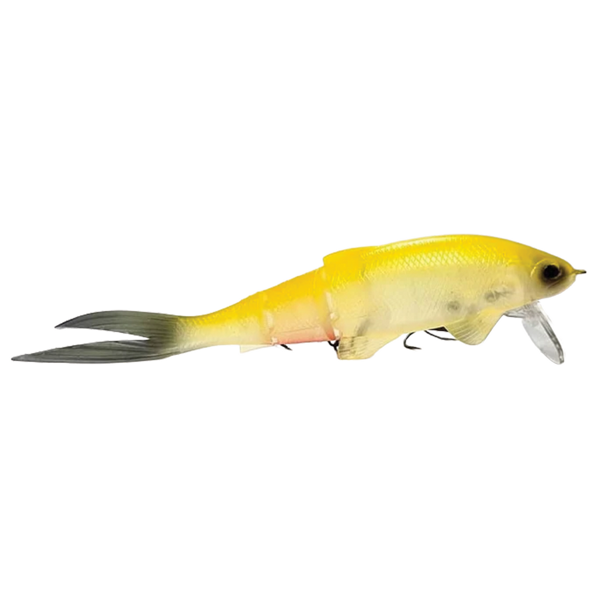 Baum Muon yellow musky fishing lure with a diving lip realistic fish profile and flowing tail for casting and trolling applications