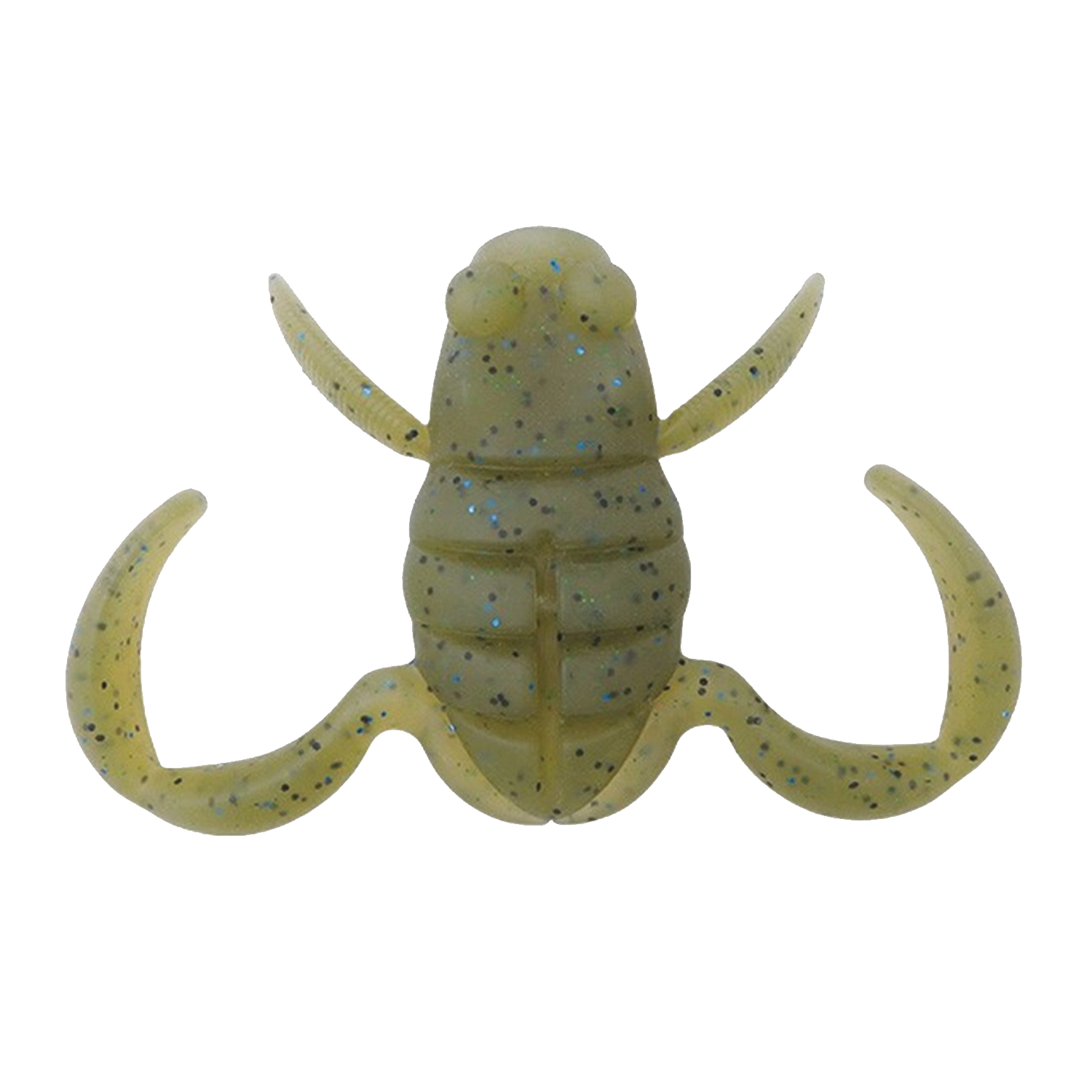BottomUp Scooper Frog Daddy fishing lure in translucent green with blue and black speckles, designed with curved appendages for lifelike movement in water.