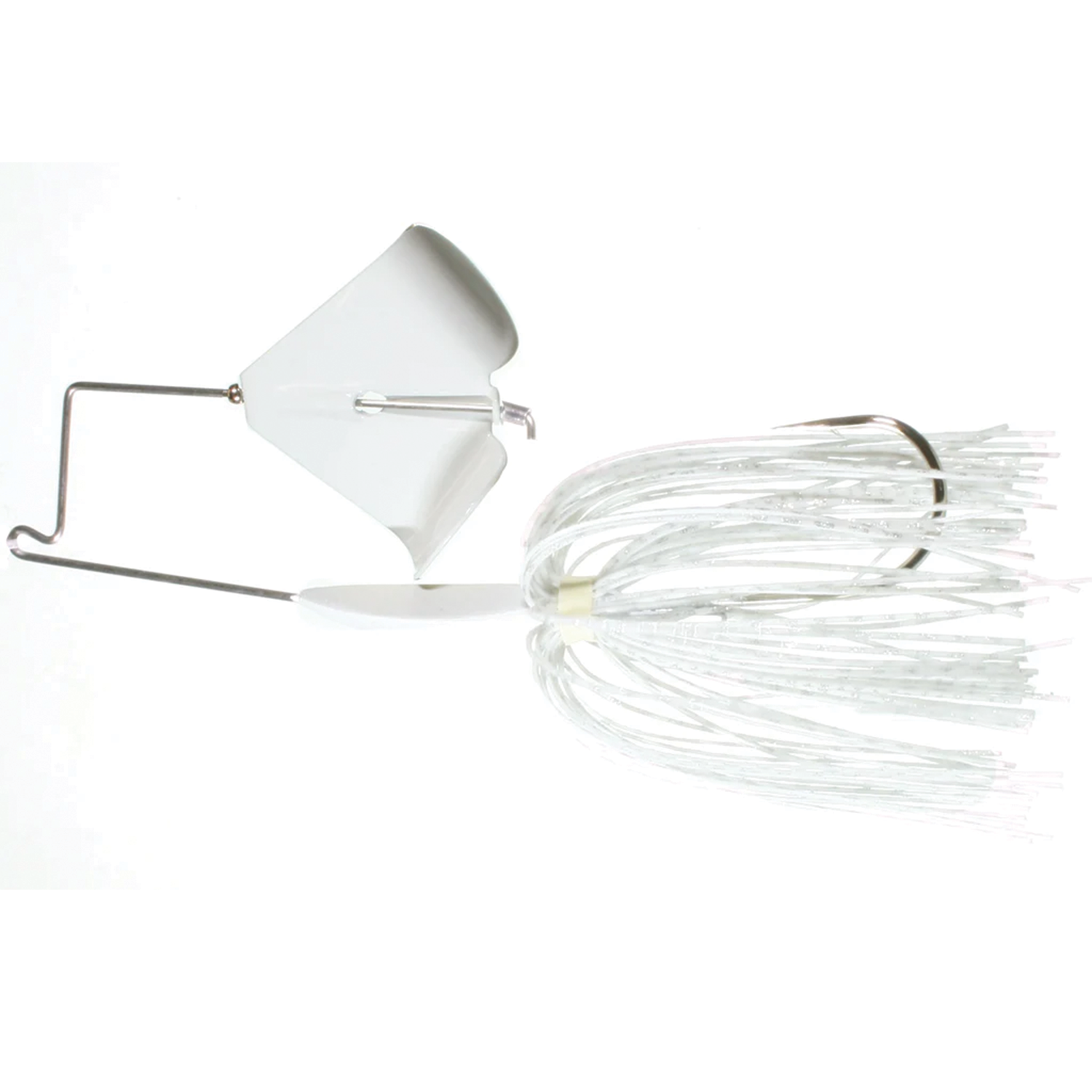 Boogerman Buzzbait fishing lure in white with a metal wire frame and plastic skirt designed for musky and other large freshwater fish.