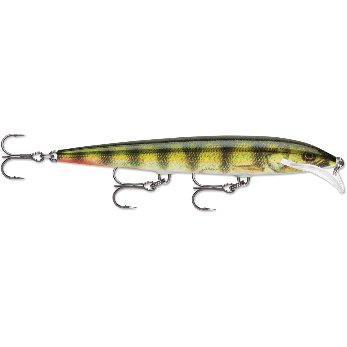 Rapala Scatter Rap Minnow fishing lure with a green and yellow striped body three treble hooks and a clear diving lip for fishing tackle