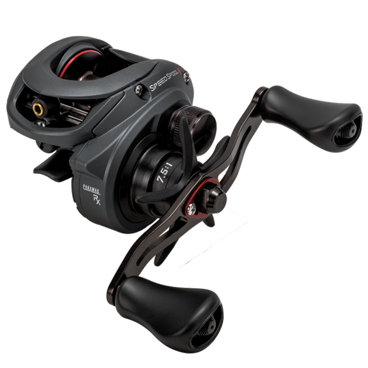 Lew's Speed Spool RX Casting Reel in black with ergonomic dual handles, featuring a smooth drag system and 7.5:1 gear ratio for precision fishing performance.
