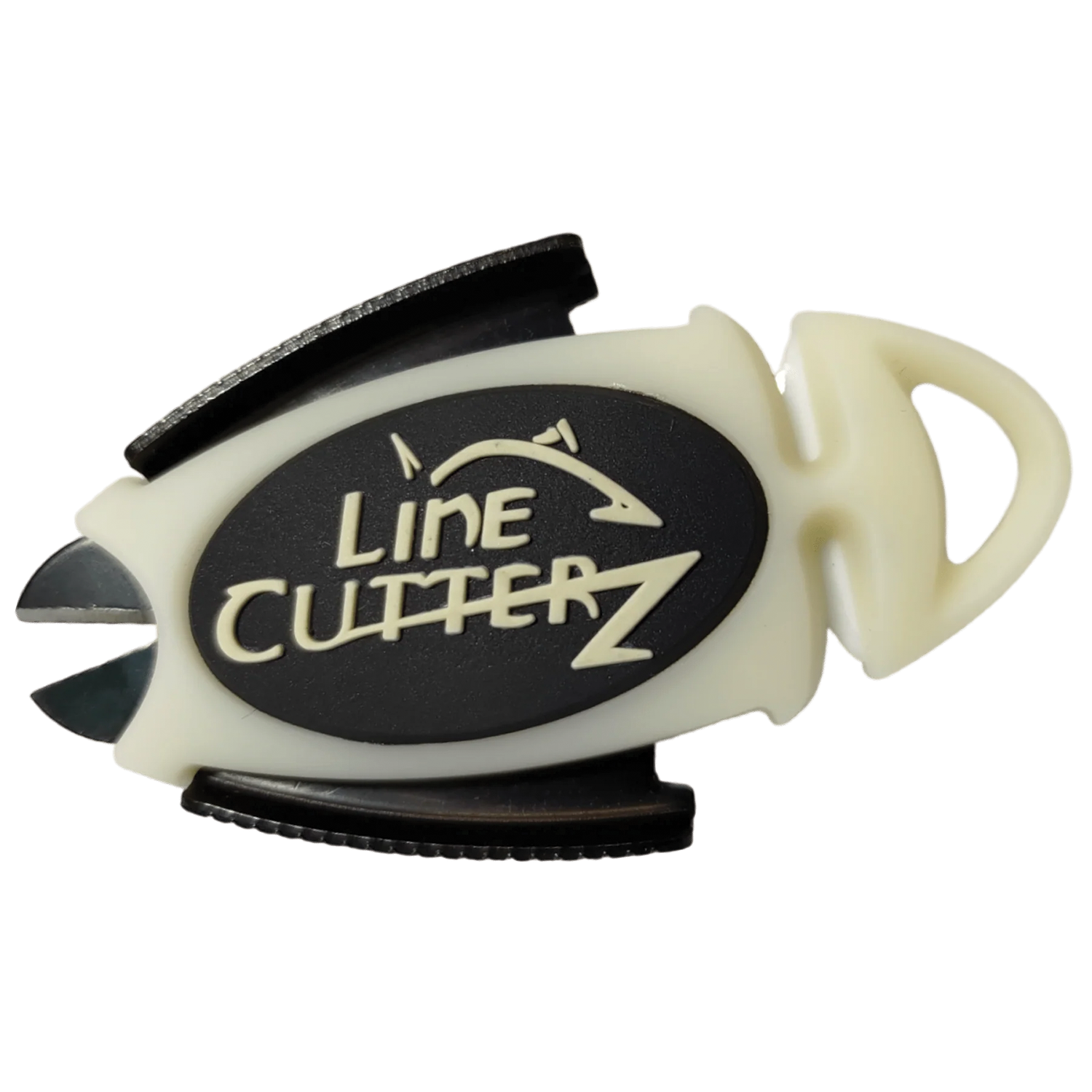 Compact Line Cutterz Dual Hybrid Micro Scissors with white and black ergonomic body, featuring sharp stainless steel blades designed for precise cutting of fishing tackle lines.