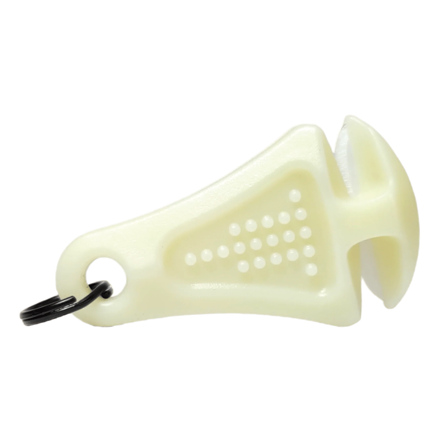 Small, off-white fishing accessory with textured grip and integrated ceramic blade, designed as the Line Cutterz Zipper Pull (Ceramic Blade) for cutting fishing tackle efficiently.