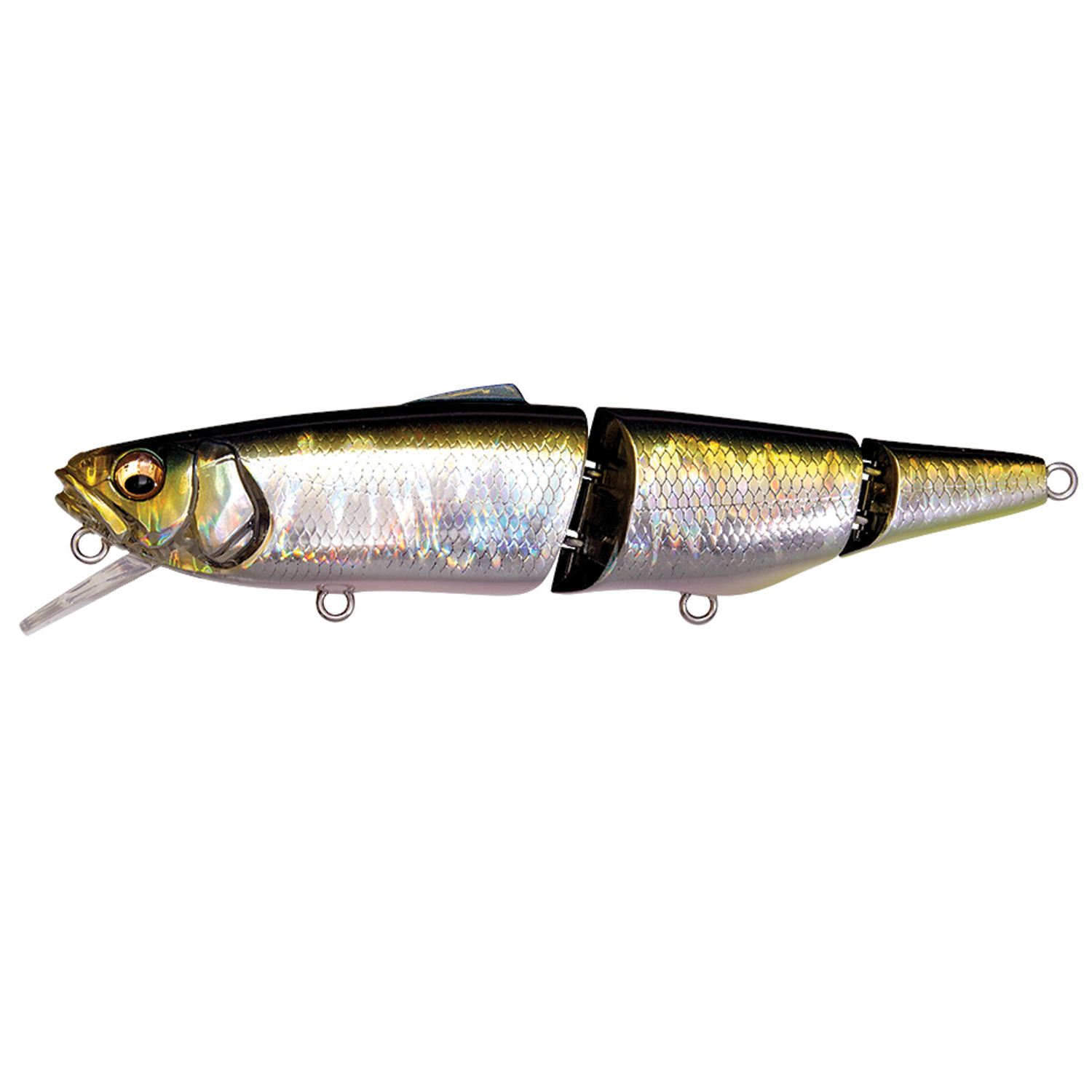 Megabass SuWitch segmented fishing lure with reflective silver and gold scales, lifelike fish eyes, and a detailed curved lip for realistic swimming action.