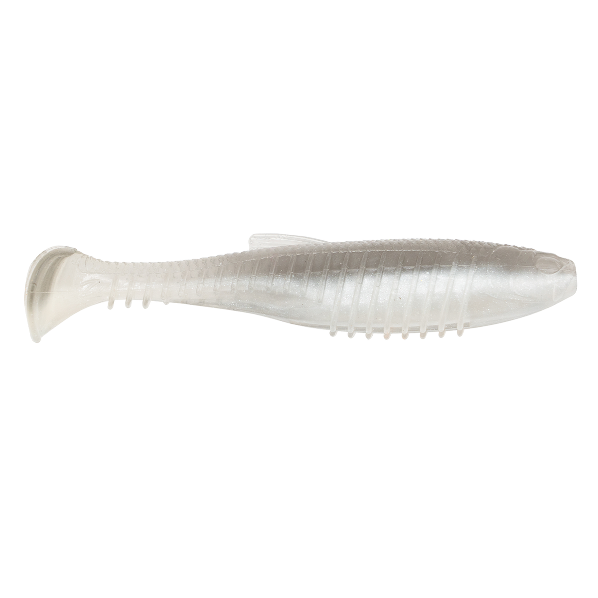 Z-Man Octane Minnowz fishing lure in translucent white with ribbed body and paddle tail designed for lifelike movement in water.