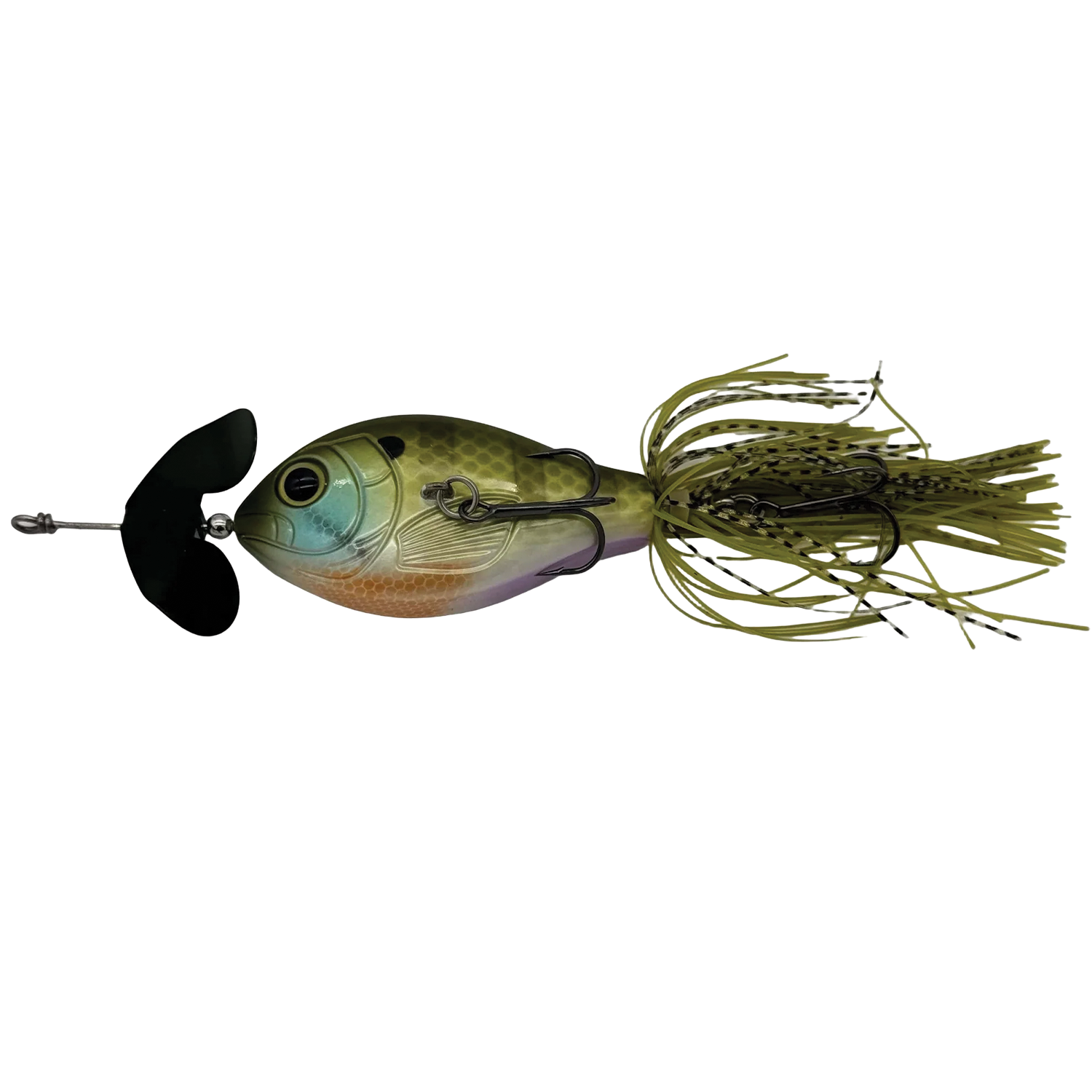 Fishing lure with a detailed bluegill design on a white background