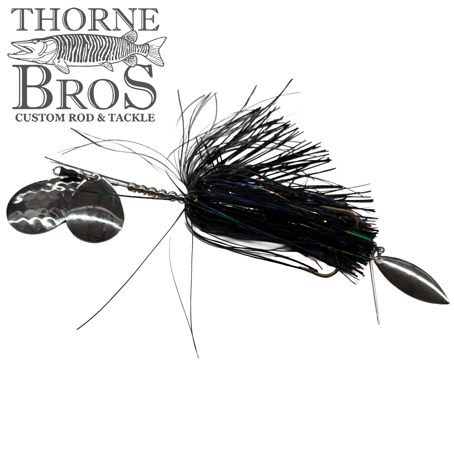 Hunsy Tails 7/8 Banger fishing lure with black and shimmer skirt, featuring dual hammered and smooth silver spinner blades designed for musky fishing.