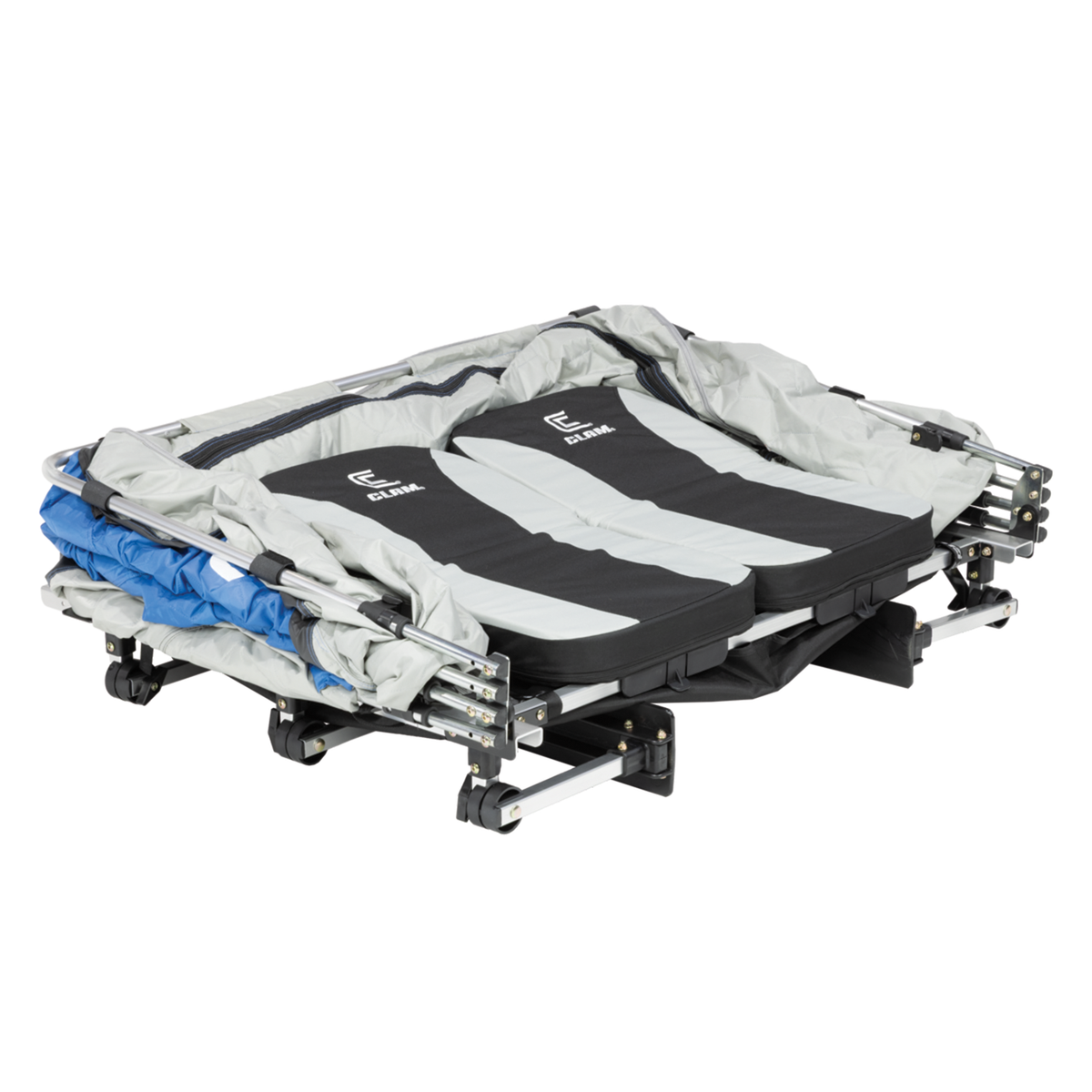 Clam PackTrap 2 folded portable ice fishing shelter with gray and black seating panels and a compact sled frame for winter fishing