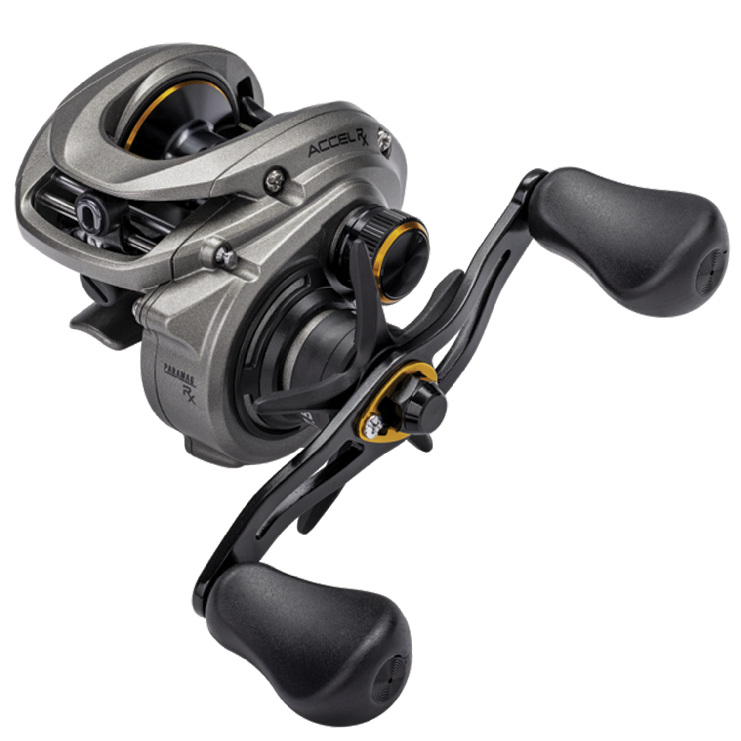 Lew's Accel RX Casting Reel in metallic gray with black ergonomic handles, designed for smooth casting and precision, featuring a compact, durable frame for fishing tackle enthusiasts.